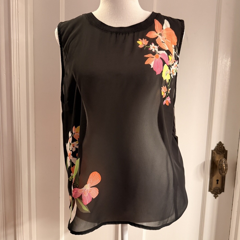 A New Day Tank Top Women Large Black Floral Beach Hawaiian Summer Sheer‎ Overlay